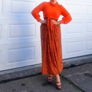 1970s Orange Patterned Maxi Dress